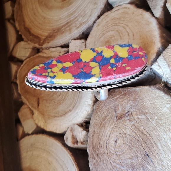 New Oversized Mosaic Balloon Jasper 925 Silver Statement Ring. - Picture 6 of 9